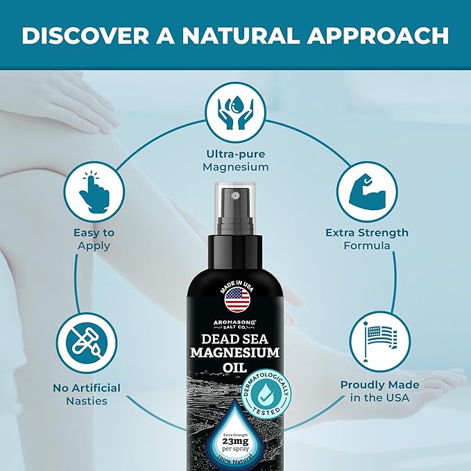 Aromasong Magnesium Spray - Extra Strength (23mg in Each Spritz) 8 Oz, Natural and Pure Magnesium Oil Spray - Made in The USA - for Leg Discomfort and Promotes a Calm Sleep