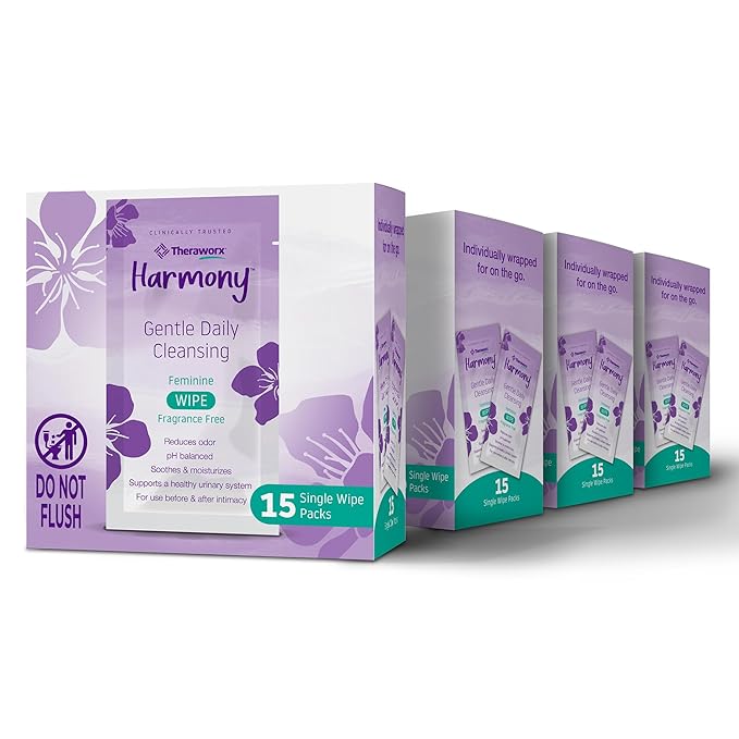 Theraworx Harmony Gentle Daily Cleansing Feminine Wipes Fragrance Free, Reduces Odor, Individually Wrapped, Travel Size – 15 Count (Pack of 4)