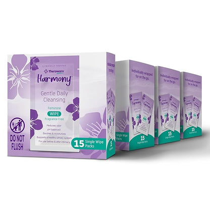 Theraworx Harmony Gentle Daily Cleansing Feminine Wipes Fragrance Free, Reduces Odor, Individually Wrapped, Travel Size – 15 Count (Pack of 4)