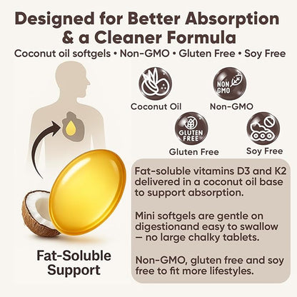 Real Good Essentials Vitamin D3 K2, Essentials D3+K2 (MK7) Coconut Oil 300 Softgels, with Vitamins D & K 10000 Iu Supports Calcium Absorption, Bone, Immune.(1)