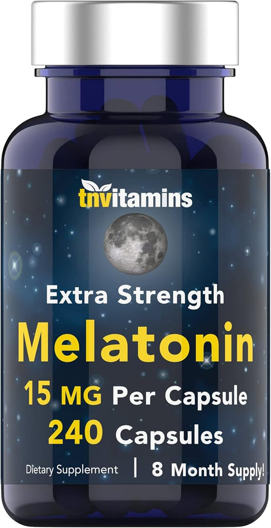 tnvitamins Melatonin 15 MG Per Capsule (240 Capsules) | All-Natural Sleeping Pills for Adults | Extra Strength Melatonin | Nighttime Sleep Aid | Natural Sleep Support Supplement