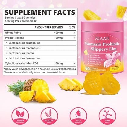Women Probiotic Slippery Elm Gummies, Her Juicy Feminine Probiotics Supports pH Balance & Immune System, Vaginal Probiotic Gummies, Suagr-Free, Veagn, Pineapple Flavor, 60 Count