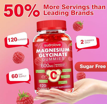Magnesium Glycinate Gummies 600mg – Sugar Free Magnesium & Potassium Dietary Supplement with Vitamin D, B6 and CoQ10 for Calm Support & Sleep for Adults - High Absorption - Raspberry Gummies