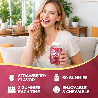 Iron Gummies for Women, Triple Iron Supplement with Multivitamin Iron Gummies with Vitamin C, A, B, Folate, Copper, Zinc for Energy & Blood Support, Immune Health, Vegan, Strawberry Flavor, 60 Counts