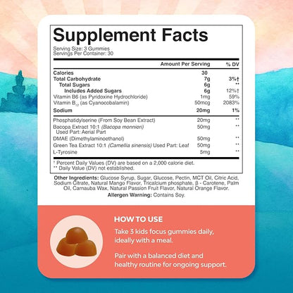 Kids Focus Gummies - Nootropics Brain Support Supplement for Kids with Green Tea Extract, B6 & B12 Vitamins for Memory and Brain Focus - Herbal Concentration Chews for Children - 90 Count