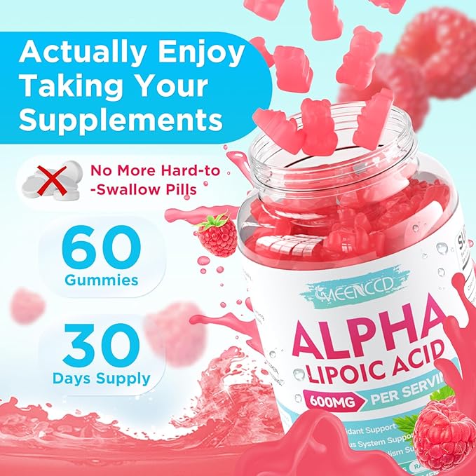 MEENCCD Alpha Lipoic Acid Gummies 600mg - ALA Supplement for Antioxidant Support, Vegan, Sugar-Free, Raspberry Flavor, 60 Count