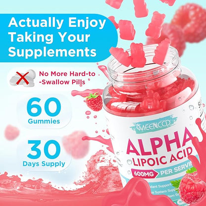 MEENCCD Alpha Lipoic Acid Gummies 600mg - ALA Supplement for Antioxidant Support, Vegan, Sugar-Free, Raspberry Flavor, 60 Count