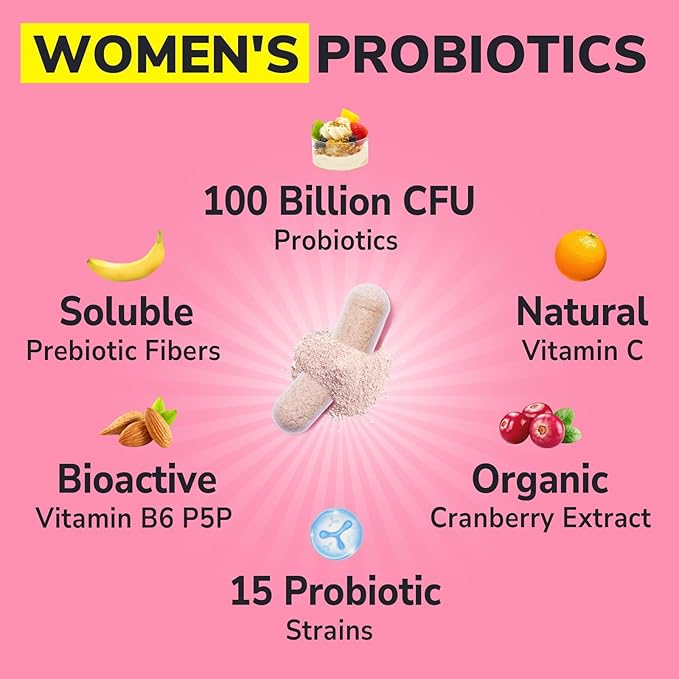 Probiotics for Women 100 Billion CFU 15 Strains, Daily Probiotic & Prebiotic Supplement with Organic Cranberry to Support Vaginal, Digestive, Immune Health, Shelf Stable, 30 Vegan Capsules