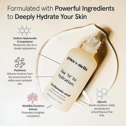 grace & stella Award Winning Hyaluronic Acid Serum (30ml/1 fl oz) Hydrating Hyaluronic Acid Serum for Face - Acido Hialuronico for Women - Remove Fine Lines, Wrinkles, Anti Aging - Vegan Skincare