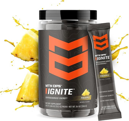 MTN OPS Ignite Sugar Free Energy Drink Powder Trail Packs with 200mg Caffeine, Travel Pre Workout Packets for to-Go Energy, Nootropic Blend, L Arginine & L Citrulline, 20 Servings, Pineapple Crush
