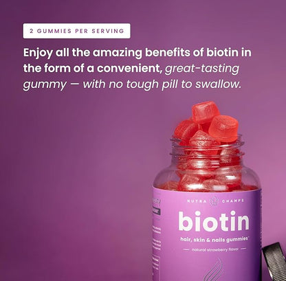NutraChamps Biotin Gummies 10000mcg [High Potency] for Healthy Hair, Skin & Nails Vitamins for Women, Men & Kids - 5000mcg in Each Hair Vitamins Gummy - Vegan, Non-GMO, Hair Health Supplement