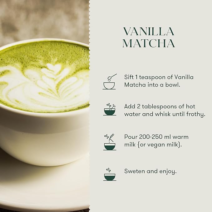 Luxmi Estates Vanilla Matcha with Priobiotics (50 g) Organic Matcha Tea, Rich in Antioxidants, Tea for Relaxing