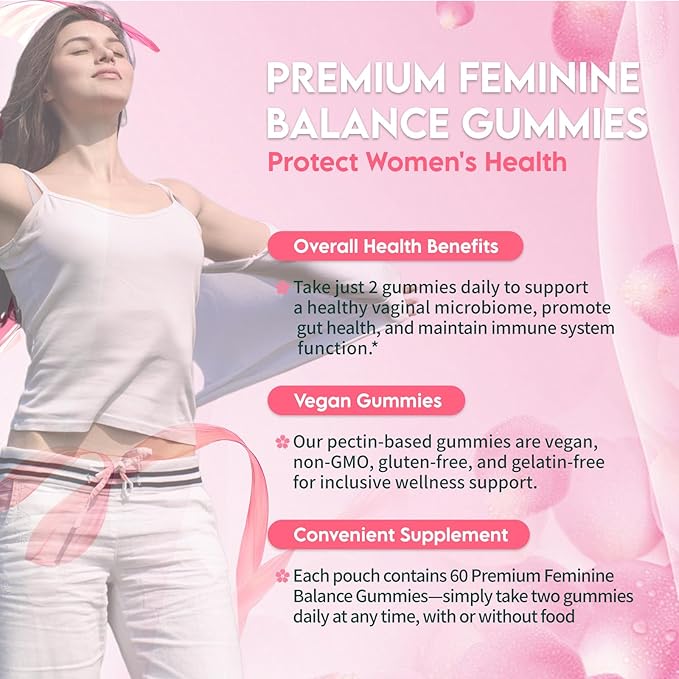 Premium Feminine Balance Gummies for Women – Pineapple Flavor – pH Balance, Immune & Digestive Support – Vegan, Gluten-Free – 60 Gummies (30-Day Supply)