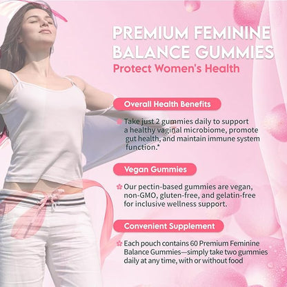 Premium Feminine Balance Gummies for Women – Pineapple Flavor – pH Balance, Immune & Digestive Support – Vegan, Gluten-Free – 60 Gummies (30-Day Supply)