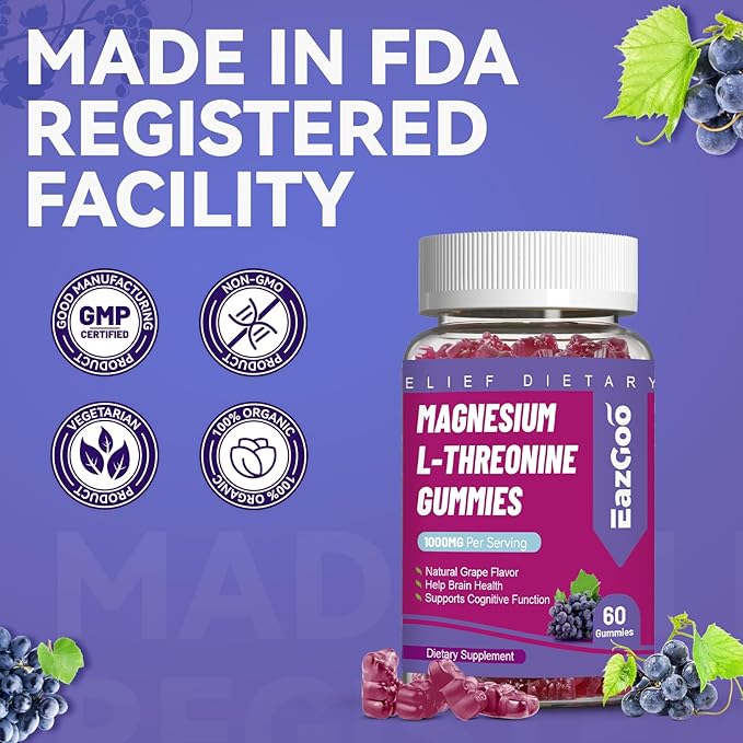 Magnesium Threonine Gummies 1000mg, L-Threonine Gummies for Adults, Great Magnesium Supplements for Brain, Non-GMO, Gluten Free, Vegan, 60 Grape Magnesium Gummies, 30 Day Supply