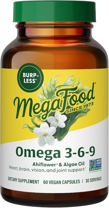 MegaFood Vegan Omega 3 6 9 - Burp-Less Supplement - 600 mg Plant-Based Omega 3 & 150 mg DHA Per Serving - Heart, Brain, Vision & Joint Support - Fish Oil Alternative - 60 Capsules, 30 Servings