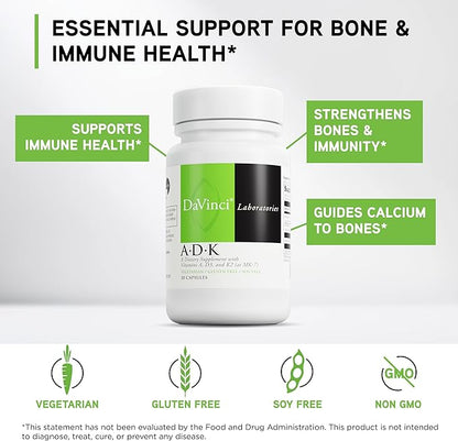 DAVINCI Labs ADK - Helps Support Bone, Heart & Immune Health - Dietary Supplement with Vitamins A, D3 & K2 (as MK-7) - Vegetarian, Gluten Free & Soy Free - 30 Capsules