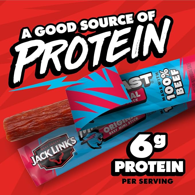 Jack Link’s x MrBeast Beef Sticks, Original Mini Beef Sticks, As Seen on Beast Games, 5g Protein, Made with 100% Real Beef, Pantry-Ready Snacks, 12 Count