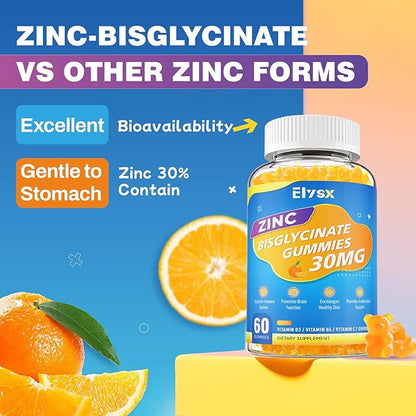 Zinc Glycinate 30 mg Gummies, Chewable Zinc Supplement for Women & Men, with Vitamin C, D3 & B6, Quercetin, Immune System Support, Skin Health & Antioxidant, Natural Fruit Flavor, 60 Ct