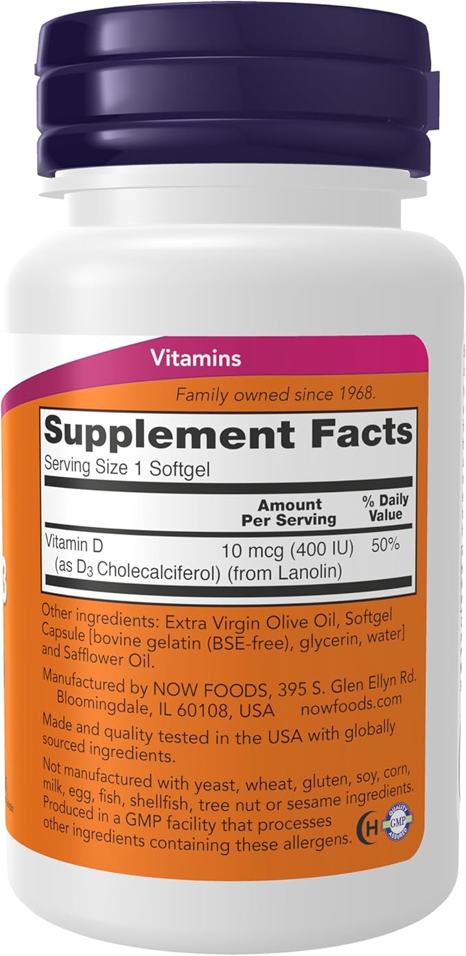 NOW Supplements, Vitamin D-3 400 IU, Strong Bones*, Structural support*, 180 Softgels