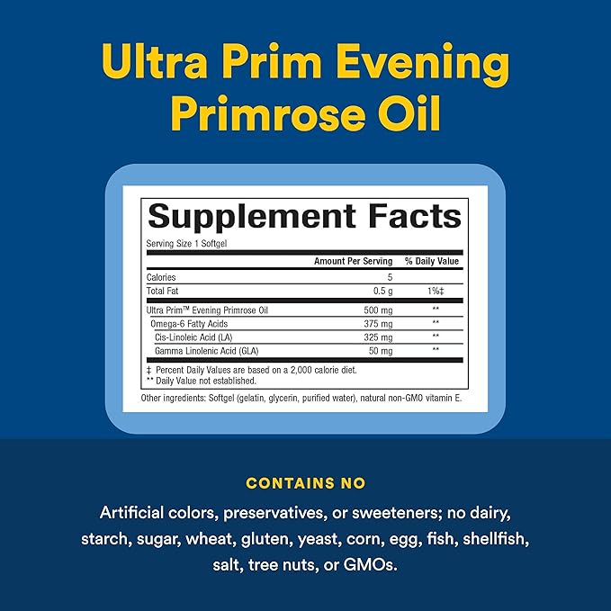 Natural Factors Omega Factors Ultra Prim Evening Primrose Oil 500 mg - Women's Health Supplement for Menopause & PMS Support - Non-GMO, Gluten-Free & Dairy-Free - 180 Softgels (180 Servings)