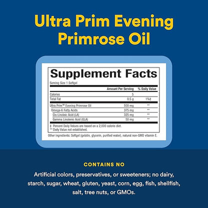 Natural Factors Omega Factors Ultra Prim Evening Primrose Oil 500 mg - Women's Health Supplement for Menopause & PMS Support - Non-GMO, Gluten-Free & Dairy-Free - 180 Softgels (180 Servings)