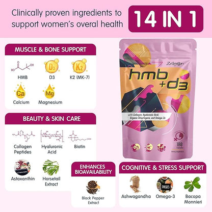 Zaigon HMB Supplements for Women | Vitamin D3 K2, Ashwagandha, Magnesium, Omega 3, Collagen, Biotin, Hyaluronic Acid, Astaxanthin, Calcium | Skin Care, Muscle, Bone & Brain Support | 180 Capsules