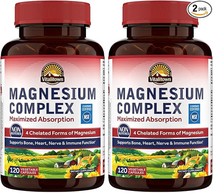 Vitalitown Magnesium Complex Supplement 500mg - NSF Certified Magnesium Glycinate, Malate, Taurate & Citrate - Chelated High Absorption & Gentle on Stomach - Vegan Non-GMO 2 Packs 240 Capsules