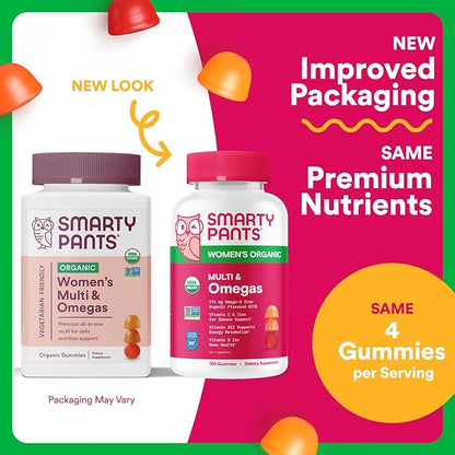 SmartyPants Organic Women's Multivitamin Gummies: Biotin, Methylfolate, Omega 3 (ALA), Vitamin D3,C,B12,B6,A,K & Zinc, Inositol, Gluten Free, Vegetarian, 120 Count (30 Day Supply)(Pack of 2)
