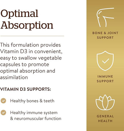Solgar Vitamin D3 (Cholecalciferol) 125 mcg (5000 IU), 240 Vegetable Capsules - Helps Maintain Healthy Bones & Teeth - Immune System Support - Non-GMO, Gluten Free - 240 Total Servings