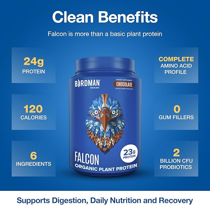 BIRDMAN Falcon Vegan Protein Powder Organic, Stevia & Sugar Free, Plant Based Protein, Low Carb, Dairy Free, Keto, Non Whey Protein, Probiotic, Pea Protein | Chocolate Flavor - 37 Servings - 2.64lb