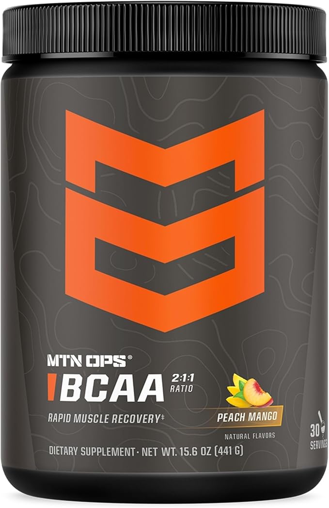 MTN OPS BCAA Powder 2:1:1 Amino Acids Supplement Powder for Rapid Muscle Recovery & Repair with Zero Sugar & Gluten Free - 30 Servings, Peach Mango