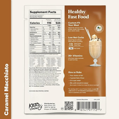 Keto Chow Caramel Macchiato - Keto Meal Replacement Shake Powder - Nutritionally Complete - Low Carb - Delicious Easy Meal Substitute - Protein Rich You Choose The Fat - Single Meal Sample