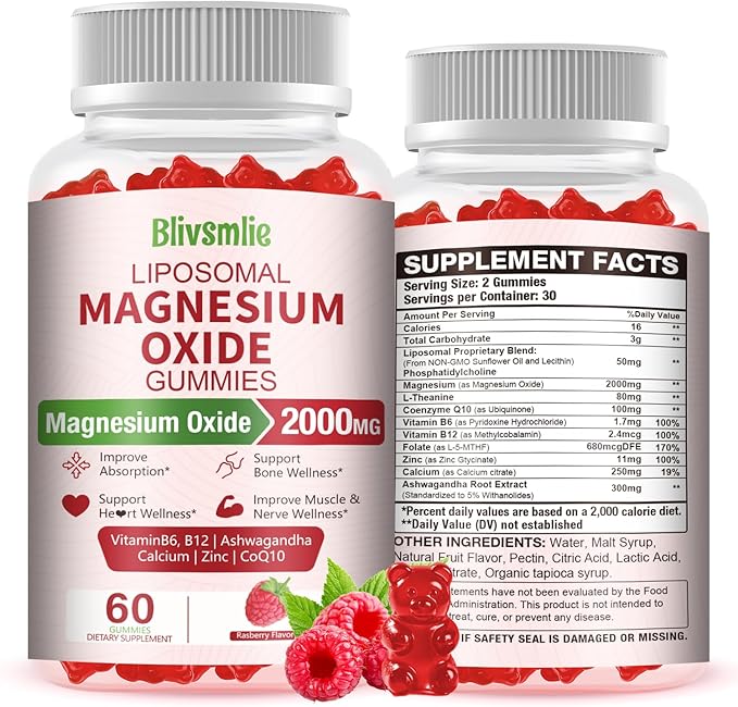 Liposomal Magnesium Oxide Gummies 2000mg Complex Ashwagandha,CoQ10, L-Theanine, L-5-MTHF, Methyl B12, Zinc for Sleep & Energy,Stress Relief,Heart Health,Neuro Support