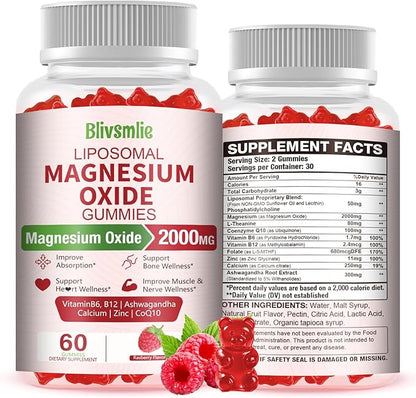 Liposomal Magnesium Oxide Gummies 2000mg Complex Ashwagandha,CoQ10, L-Theanine, L-5-MTHF, Methyl B12, Zinc for Sleep & Energy,Stress Relief,Heart Health,Neuro Support