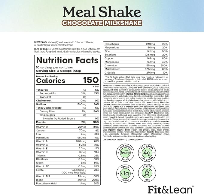 Fit & Lean Meal Shake, Fat Burning Meal Replacement, Protein, Fiber, Probiotics, Chocolate, 1lb, 10 Servings Per Container