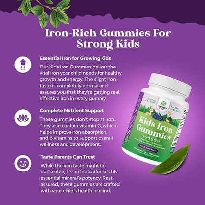 Kids Iron Gummies - Blood Builder Iron Supplements for Kids with Gentle for Stronger Immunity & Energy - Vitamin B12, Folate & Vitamin C Gummies - Vegan GMO & Gluten Free for Toddlers - 90 Count