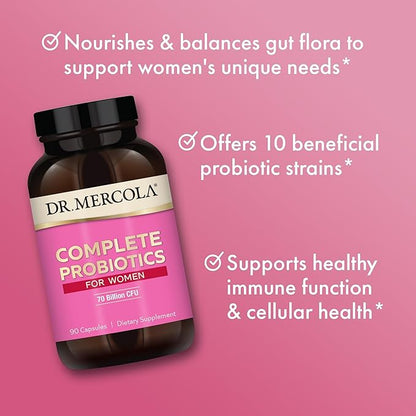 Dr. Mercola Complete Probiotics for Women - Supports Gut, Vaginal & Immune Health - Contains Lactobacillus Strains - Non-GMO, Gluten-Free & Soy-Free - 90 Capsules (90 Servings)