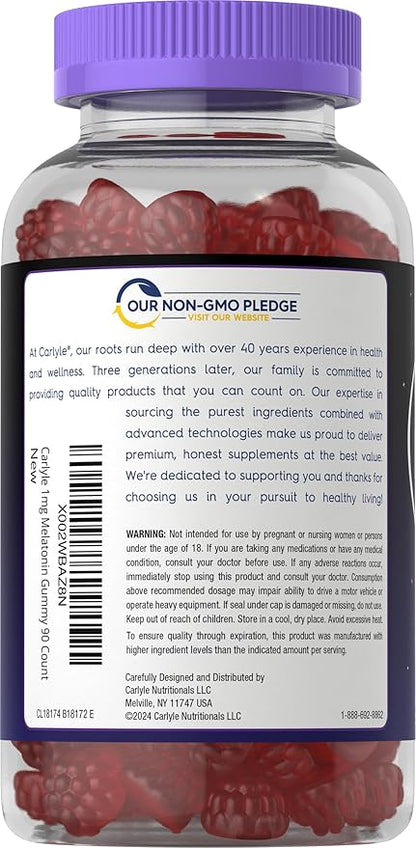 Carlyle Melatonin 1mg Gummies | 90 Count | Fruit Flavor Gummy Supplement | Vegan, Non-GMO, Gluten Free