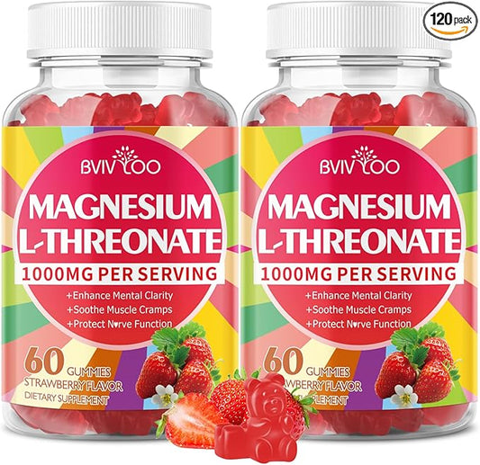1000mg Magnesium L-Threonate Gummies for Kids & Adults - Muscle & Nervous System Support, Vegan, Sugar-Free Strawberry Flavor, 120 Gummies