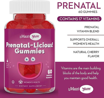 Maxi Health Women's Organic Prenatal Gummies - Kosher Cherry Flavored Pre Natal Gummy - Prenatal Vitamins for Women with Folic Acid and Iron for Fetal Development, 60 Count