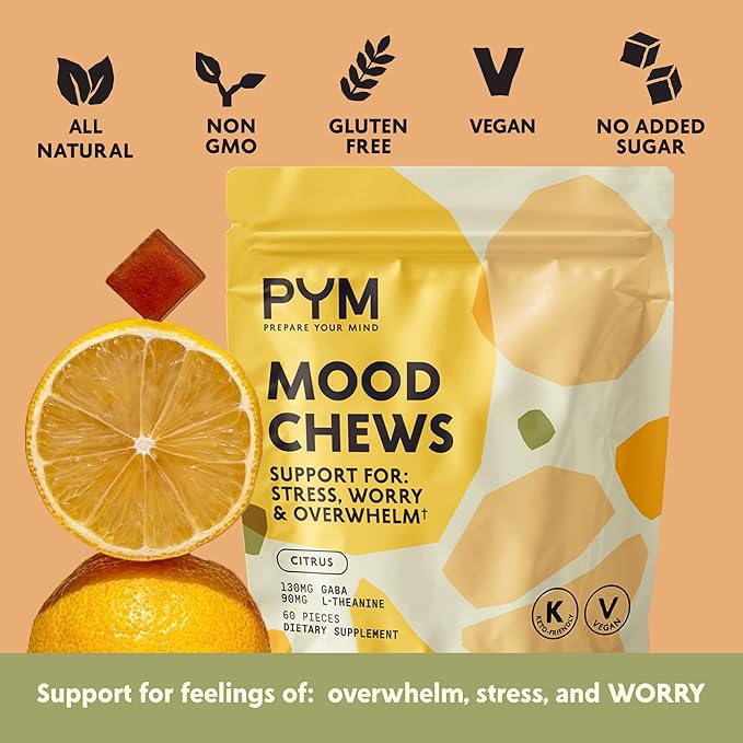PYM Citrus Mood Chews Support for Stress, Worry & Overwhelm, 60 Count | 130mg GABA, 90mg L-Theanine | Vegan,Non-GMO, Gluten-Free,No Added Sugar | All-Natural Mood Balance Supplement in Resealable Bag