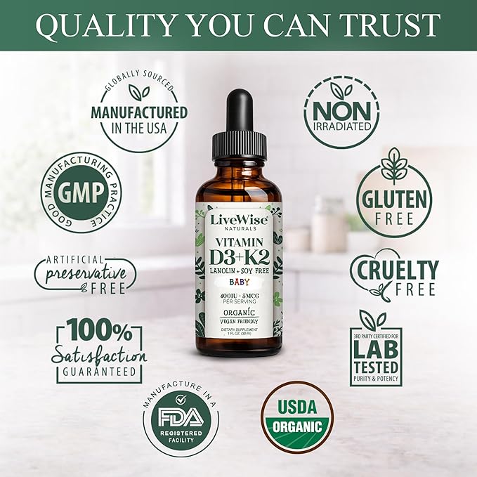 Live Wise Naturals Vitamin D3 K2 Drops for Babies - Concentrated Formulation, 225 Servings at 400 IU, 5 MCG (MK-7), Micro-Dose Dropper, Gentle Daily Supplementation, Early Development & Precise Dosing