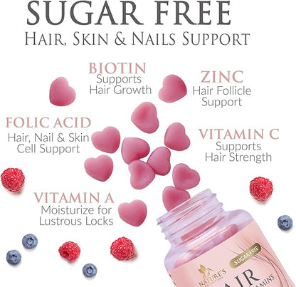 Hair Vitamins Gummies - Sugar Free Hair Growth Support Gummy with Biotin 5000 mcg Per Serving, Vitamin A, B12, C, D, E, Folic Acid - Supports Strong Beautiful Hair and Nails, Vegetarian - 120 Gummies