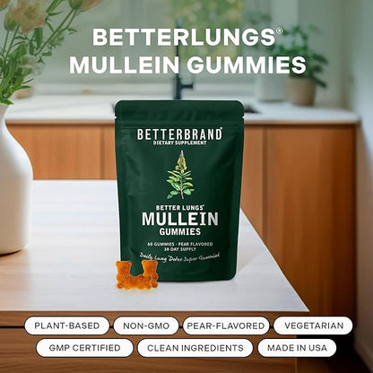 Betterbrand Mullein Chewable Gummies for Lung Cleanse and Detox, Respiratory Health Supplement, 1000mg Mullein Extract per Serving, 60 Gummies - 30 Day Supply - Pear Flavored