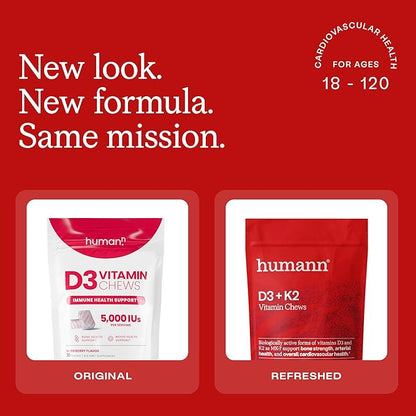 Humann Vitamin D3 + K2 Chews - High Potency Vitamin D 5000iu (125mcg) Helps Support Healthy Mood, Immunity, Cardiovascular, Respiratory Health & Bone Health, Mixed Berry Flavor, 30 Count (Pack of 2)
