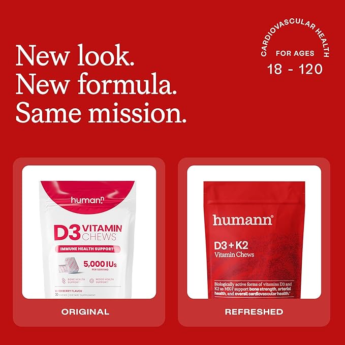 Humann Vitamin D3 + K2 Chews - High Potency Vitamin D 5000iu (125mcg) Helps Support Healthy Mood, Immunity, Cardiovascular, Respiratory Health & Bone Health, Mixed Berry Flavor, 30 Count