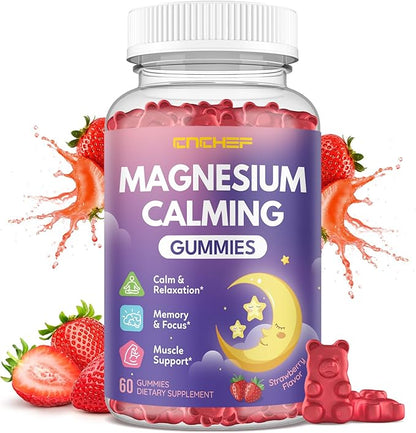 Magnesium Calming Gummies for Kids 4+ & Adults, Sugar Free Magnesium Supplement with L-Theanine, Chamomile, Vitamins B6, D3, K2, Zinc for Sleep, Relaxation, Focus & Muscle Support, Strawberry Flavor