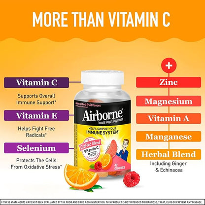 Airborne 750mg Vitamin C Immune Support Supplement Gummies for Adults, Assorted Fruit Flavor, Gluten Free Crafted Blend with Powerful Antioxidants Vitamins A C & E, 42 Gummies (2 Pack)