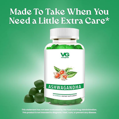VITA GLOBE Ashwagandha Gummies 25mg with Vitamin D2 100mcg and Zinc 2mg, Ashwagandha for Men and Women, Supplement for Everyday Wellness, Mood Balance and Immune Nutrition, 30 Count, 1 Pack